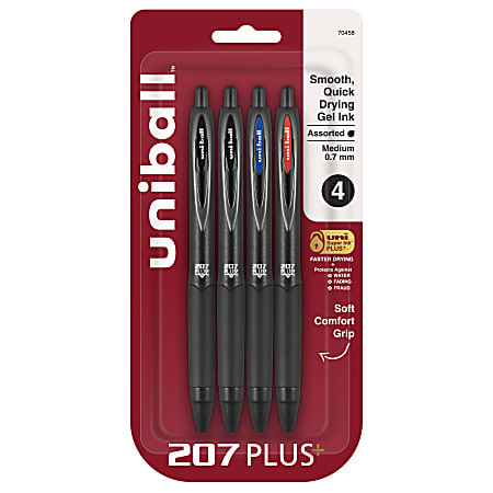 uniball 207 Plus+ Gel Pen - Medium Pen Point - 0.7 mm Pen Point Size - Retractable - Assorted Gel-based, Nanofiber Ink Ink - Black Metal Barrel - 4 / Pack