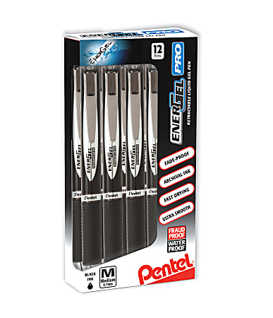 Pentel® EnerGel Pro Rollerball Pens, Medium Point, 0.7 mm, Black Barrel, Black Ink, Pack of 12