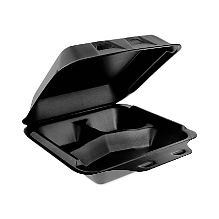 Pactiv Evergreen SmartLock® Foam Hinged Lid Containers, Medium, 3-Compartment, 3”H x 8-1/8”W x 8-1/2”D, Black, Carton Of 150 Containers