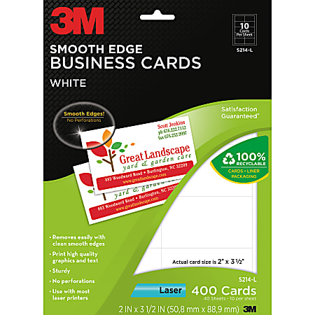 3M™ Smooth-Edge Business Cards For Laser Printers, 2" x 3 1/2", White, Pack Of 400