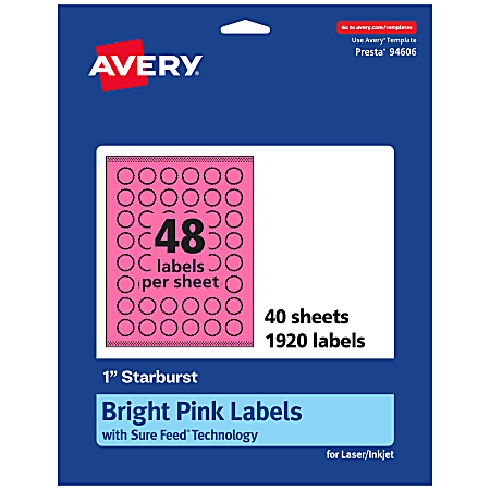 Avery® Print-To-The-Edge Labels With Sure Feed® Technology, 94606-BPP40, Starburst, 1", Matte Bright Pink, Pack of 1920