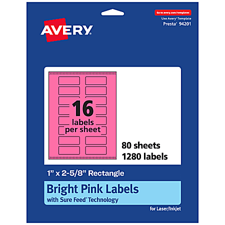 Avery® Print-To-The-Edge Labels With Sure Feed® Technology And Easy Peel®, 94201-BPP80, Rectangle, 1" x 2-5/8", Matte Bright Pink, Pack of 1280