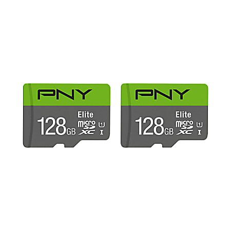 PNY® Elite Class 10 U1 100 Mbps microSDXC Flash Memory Cards, 128GB, Pack Of 2 Memory Cards