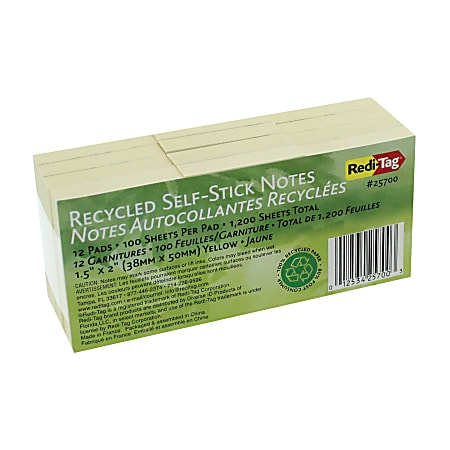 Redi-Tag FSC Certified 100% Recycled Self-Stick Notes, 1 1/2" x 2", Yellow, 100 Sheets Per Pad, Pack Of 12 Pads
