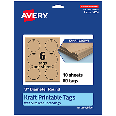 Avery® Printable Tags With Sure Feed® Technology, Print-To-The-Edge, 3", Kraft Brown, Pack Of 60