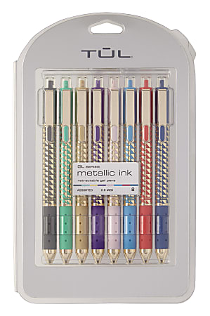TUL® GL Series Retractable Gel Pens, Medium Point, 0.8 mm, Assorted Triangle Barrel, Assorted Metallic Ink, Pack Of 8 Pens