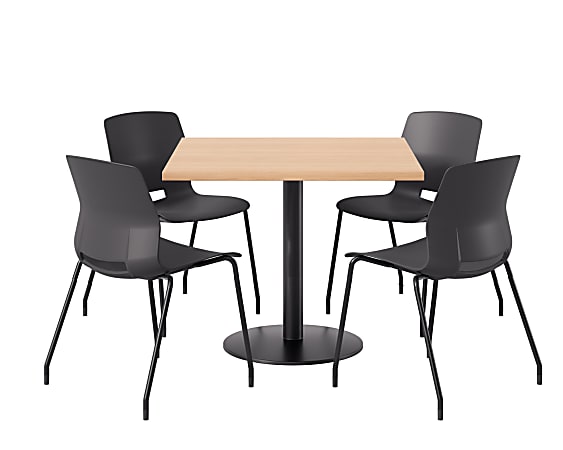 KFI Studios Proof Cafe Pedestal Table With Imme Chairs, Square, 29”H x 36”W x 36”W, Maple Top/Black Base/Black Chairs