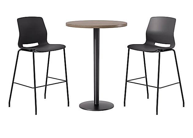 KFI Studios Proof Bistro Round Pedestal Table With Imme Barstools, 2 Barstools, 30", Studio Teak/Black/Black Stools