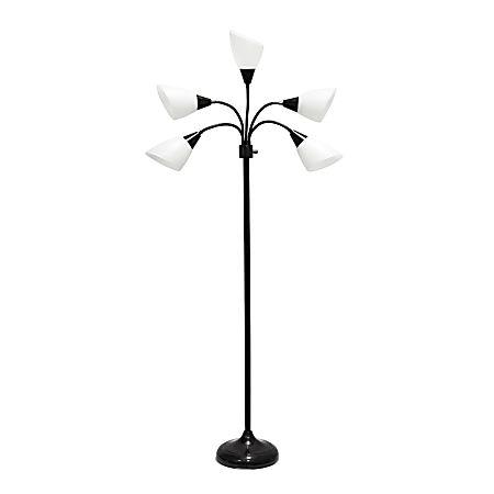 Simple Designs 5-Light Adjustable Gooseneck Floor Lamp, 67"H, White Shade/Black Base