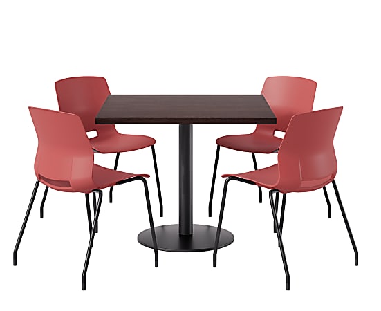 KFI Studios Proof Cafe Pedestal Table With Imme Chairs, Square, 29”H x 42”W x 42”W, Cafelle Top/Black Base/Coral Chairs