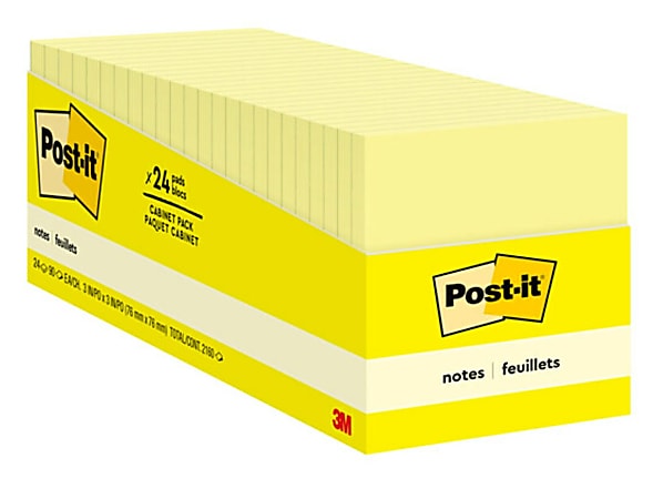 Post-it Notes, 3 in x 3 in, 24 Pads, 90 Sheets/Pad, Clean Removal, Canary Yellow