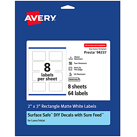 Avery® Durable Removable Labels With Sure Feed®, 94237-DRF8, Rectangle, 2" x 3", White, Pack Of 64