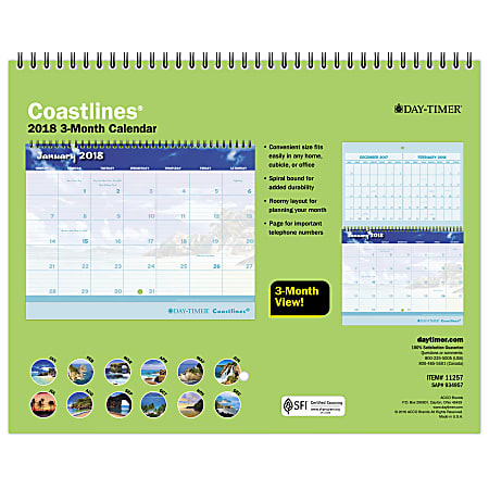 Day-Timer® Coastlines® Monthly Wall Calendar, 8 3/4" x 11", 30% Recycled, January to December 2018 (112571801)