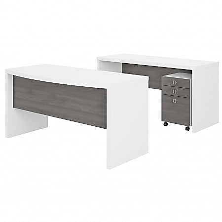 Bush Business Furniture Echo 60"W Bow-Front Computer Desk And Credenza With Mobile File Cabinet, Pure White/Modern Gray, Standard Delivery