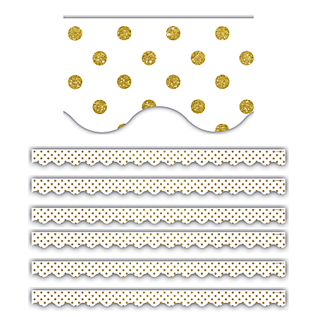 Teacher Created Resources Scalloped Border Trim, White/Gold Dots, 35' Per Pack, Set Of 6 Packs