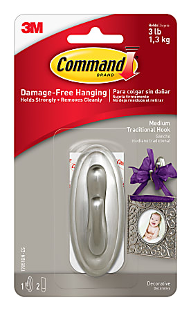 Command Damage-Free Removable Metal Hook, Traditional, Medium, 3 Lb, Brushed Nickel