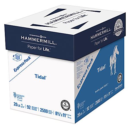 Hammermill® Tidal® Multi-Use Printer & Copy Paper, White, Letter (8.5" x 11"), 2500 Sheets Per Case, 20 Lb, 92 Brightness, Case Of 5 Reams