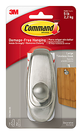 3M™ Command™ Damage-Free Removable Metal Hook, Timeless, Large, 5 Lb, Brushed Nickel