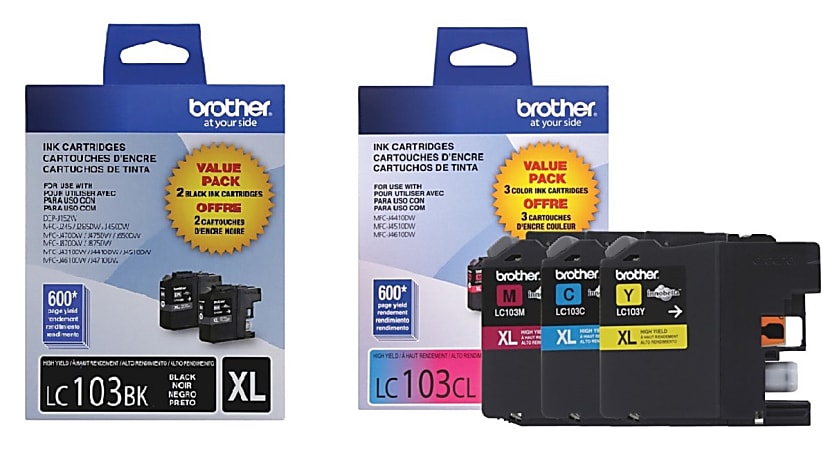 Brother® LC103 Black; Cyan; Magenta; Yellow High-Yield Ink Cartridges, Pack Of 5, LC103KKCMY-OD