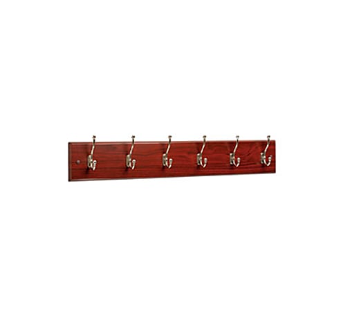 Safco® 6-Hook Wood Wall Rack, 2"H x 36"W x 2 3/4"D, Mahogany/Chrome