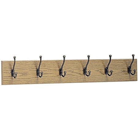 Safco® 6-Hook Wood Wall Rack, 6 3/4"H x 35 1/2"W x 3 1/4"D, Medium Oak