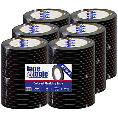 Tape Logic® Color Masking Tape, 3" Core, 0.25" x 180', Black, Case Of 144