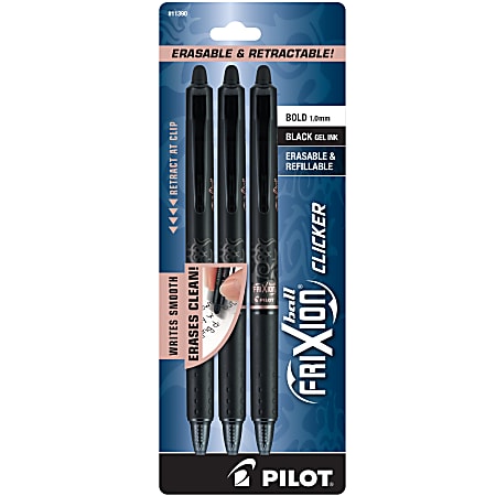 Pilot® FriXion® Ball Clicker Erasable Retractable Gel Pens, Pack of 3, Bold Point, 1.0 mm, Black Barrels, Black Ink