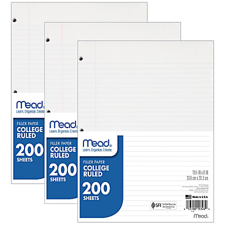 Mead® Notebook Filler Paper, 8" x 10-1/2", College Ruled, 200 Sheets Per Pack, Case Of 3 Packs