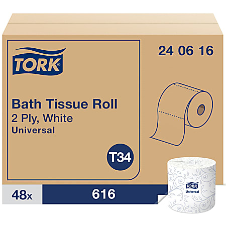 Tork Universal Bath Tissue Roll - 2 Ply - 3.75" x 205.33 ft - 616 Sheets/Roll - 5" Roll Diameter - White - Fiber - Embossed, Soft, Absorbent - For Bathroom, Plumbing - 616 / Roll