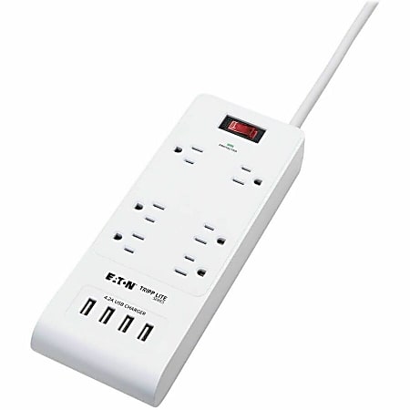 Eaton Tripp Lite Series 6-Outlet Surge Protector with 4 USB Ports (4.2A Shared) - 15 ft. Cord, 5-15P Plug, 900 Joules, White - TLP64USBRA15