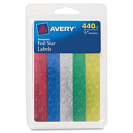 Avery Self-Adhesive Foil Star Stickers, 1/2"H, Assorted Colors, Pack Of 440