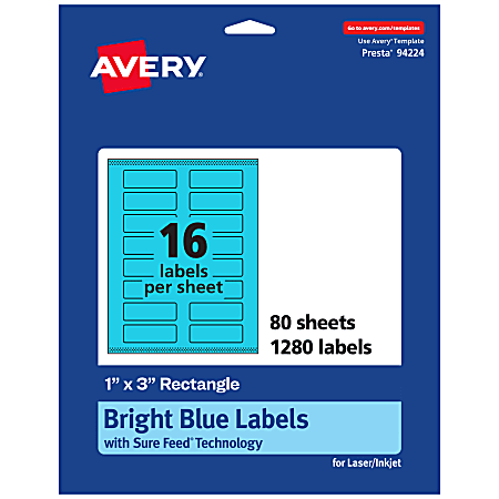 Avery® Print-To-The-Edge Labels With Sure Feed® Technology And Easy Peel®, 94224-BBP80, Rectangle, 1" x 3", Matte Bright Blue, Pack of 1280