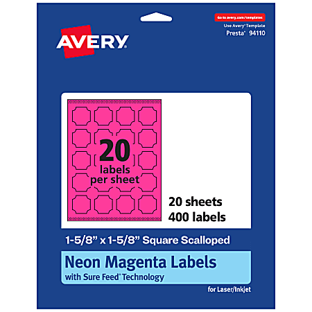 Avery® Print-To-The-Edge Labels With Sure Feed® Technology, 94110-NMP20, Square Scalloped, 1-5/8" x 1-5/8", Matte Neon Magenta, Pack of 400