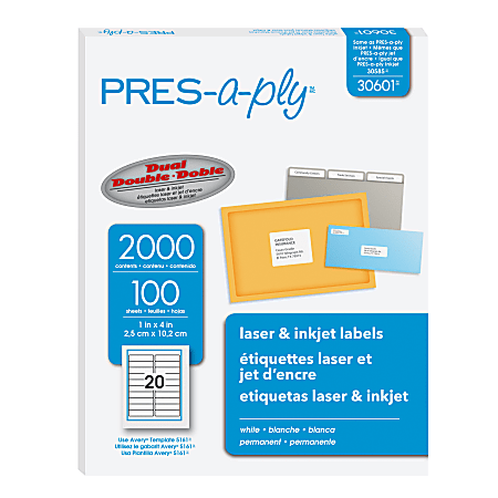 PRES-a-ply PRES-a-ply Labels for Laser and Inkjet Printers - Permanent Adhesive - 1" Width x 4" Length - Rectangle - Laser - White - 2000 / Box