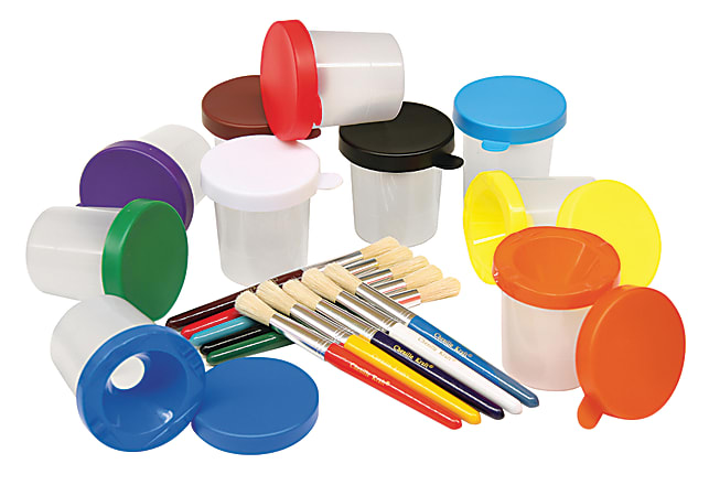 Chenille Kraft Creativity Street No-Spill Paint Cups And Brushes, Assorted Colors/Clear, Set Of 20