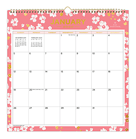 Day Designer Wall Calendar, 12" x 12", Sentimental Flower Coral, January To December 2020, 116892 