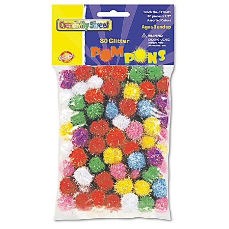 Chenille Kraft Creativity Street Glitter Pompons, 1/2", Assorted Colors, Pack Of 80