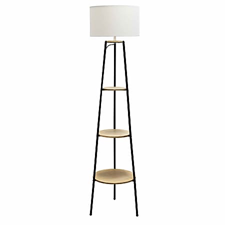 Simple Designs Tripod 3-Tier Shelf Floor Lamp, 62-1/2"H, White Shade/Light Wood Base