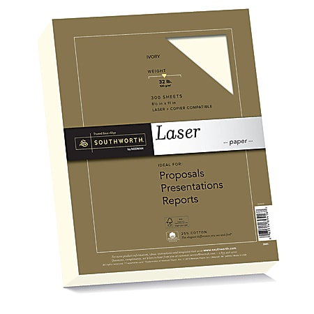 Southworth® 25% Cotton Laser Paper, 8 1/2" x 11", FSC® Certified, 55% Recycled, 32 Lb, Ivory, Box Of 300