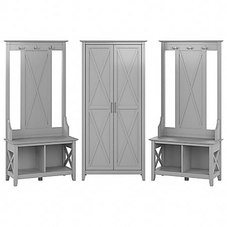 Bush® Furniture Key West Entryway Storage Set With Hall Tree, Shoe Bench And Tall Cabinet, Cape Cod Gray, Standard Delivery