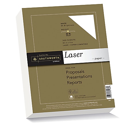 Southworth® 25% Cotton Laser Paper, 8 1/2" x 11", FSC® Certified, 55% Recycled, 32 Lb, White, Box Of 300