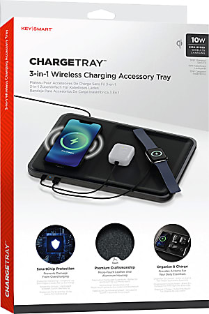 KeySmart ChargeTray 3-in-1 Wireless Charging Accessory Tray, Black, KS504-BLK