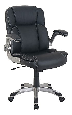 Lorell® SOHO Flip Armrest Bonded Leather Mid-Back Chair, Black/Silver