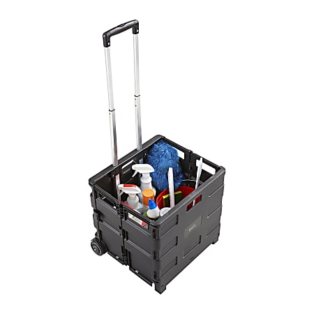 Safco Stow Away Folding Caddy - Telescopic Handle - 50 lb Capacity - 2 Casters - 16.5" Width x 14.5" Depth x 39" Height - Black, Silver
