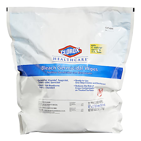 Clorox Healthcare Bleach Germicidal Wipes Refill - Ready-To-Use Wipe - 110 / Bag - 1 Each - White