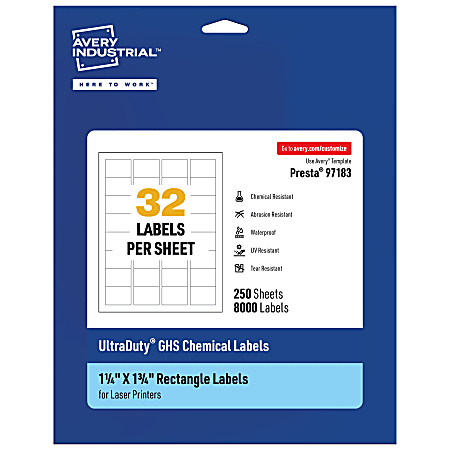 Avery® Ultra Duty® Permanent GHS Chemical Labels, 97183-WMU250, Rectangle, 1-1/4" x 1-3/4", White, Pack Of 8,000