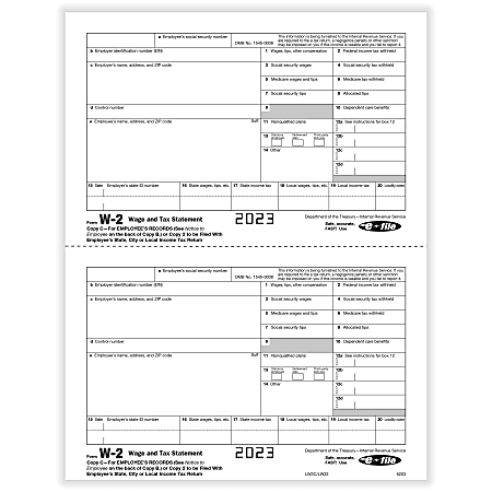 ComplyRight® W-2 Tax Forms, 2-Up, Employee’s Copy C and/or State, City Or Local Copy 2, Laser, 8-1/2" x 11", Pack Of 100 Forms