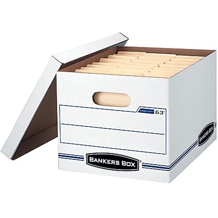 Bankers Box® Easylift™ Standard-Duty Storage Boxes With Lift-Off Lids And Built-In Handles, Letter/Letter Size, 12" x 12" x 10", White/Blue, 12/Pack