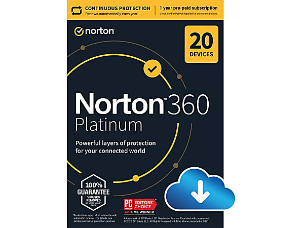 Norton 360 Platinum Antivirus Internet Security Software + VPN + Dark Web Monitoring, 20 Device, ESD - 21394971