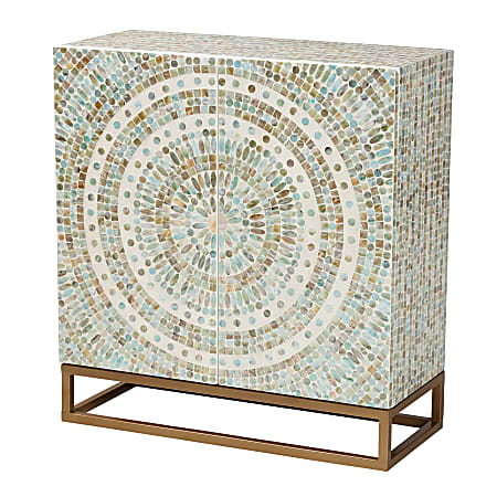 Baxton Studio Quintus 28"W Modern Bohemian Mother of Pearl Storage Cabinet, Mosaic Multicolor/White/Gold